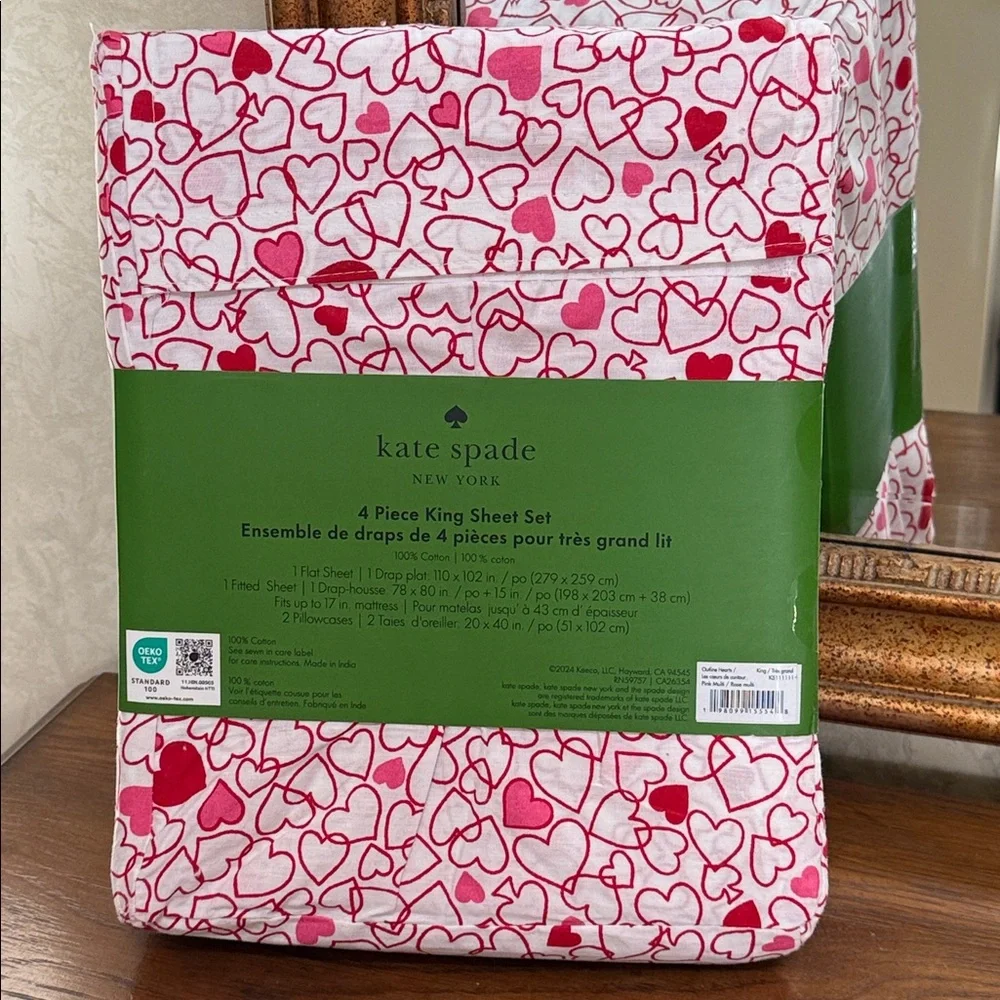 Kate Spade King size Red and Pink Heart Sheet Set.